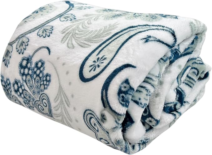 Soft Fleece Throw Blanket, Blue Grey Paisley Boho Damask, 50x70, Oversized | Hues of Gray & Navy in Elegant Floral Design, Accent For Living Room or Bedroom on Sofa Couch Bed Chair