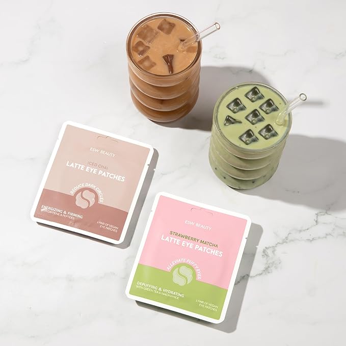 ESW Beauty Under Eye Patches Variety Set (10-Pack) – Soothing & Nourishing – Includes Strawberry Matcha & Iced Chai Latte – For Hydrating Dark Circles Under Eyes