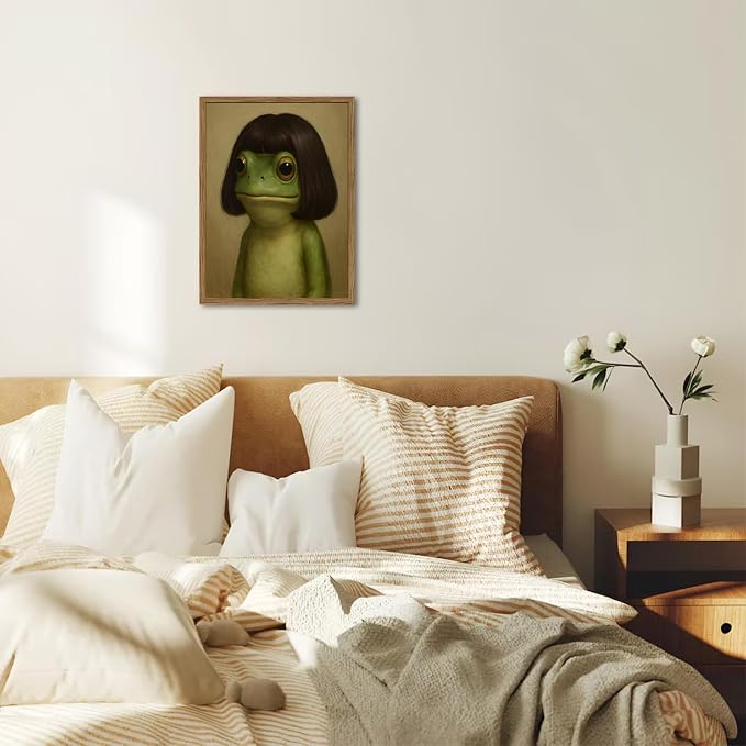 Funny Frog Wall Art, Whimsical Green Frog Wall Decor Painting Cute Animal Poster Canvas Prints Artwork for Living Room Bedroom Bathroom 12x16 inch Wood Framed