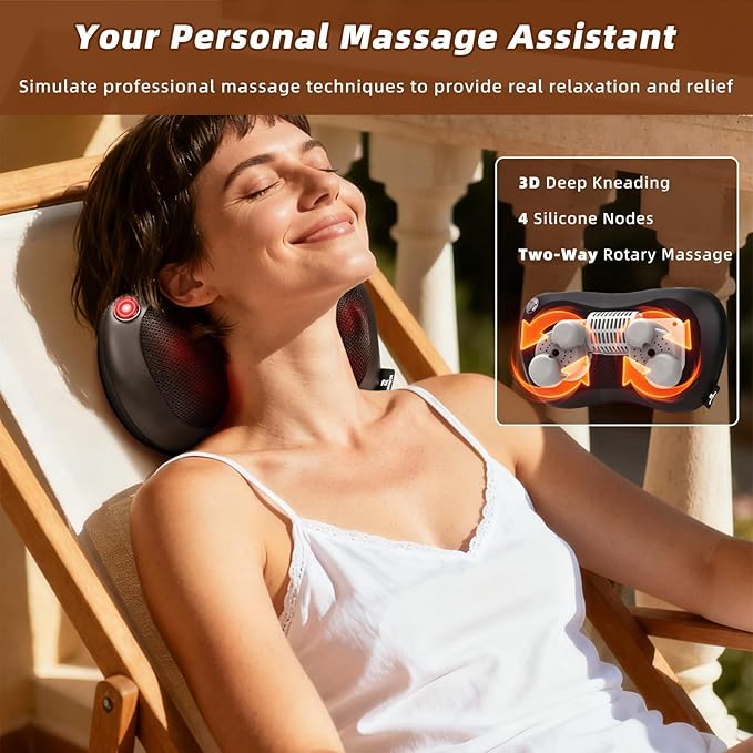 Zenopax Shiatsu Back and Neck Massager with Heat, 3D Deep Tissue Kneading, Cordless Rechargeable Electric Massage Pillow for Muscle Pain Relief, Use at Home, Car, Office, Gifts for Men Women