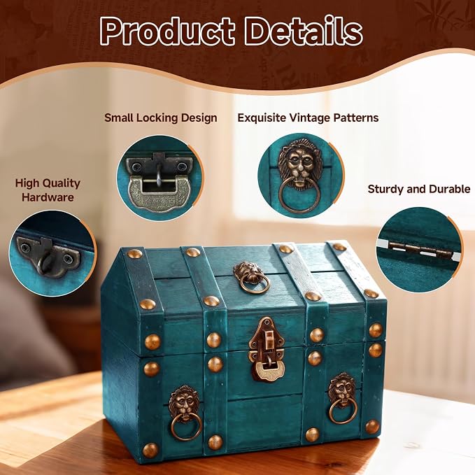 Large Vintage Wooden Treasure Chest Antique Box with Metal Lock | Wood Jewelry Box Storage Decorative Boxes Handmade Rectangle Organizer for Women Ring Necklace Earring Coins Collectibles