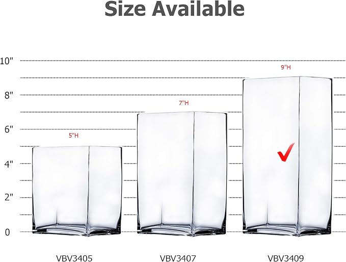 WGV Glass Rectangle Block Vase, Width x Length 3" x 4", Height 9", Clear Floral Planter Container Votive Candle Holder Wedding Party Event, Home Office Decor, 1 Piece