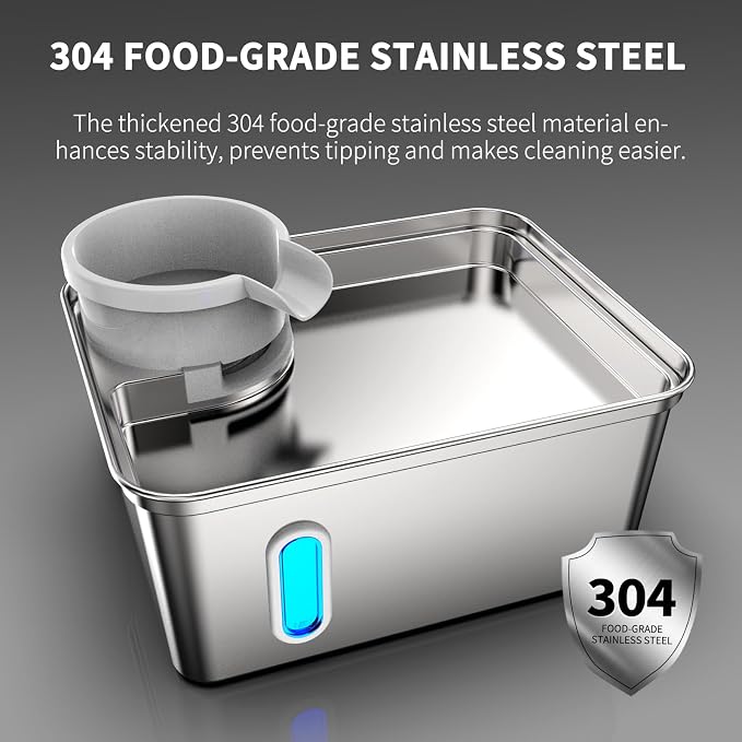 8L/270oz Stainless Steel Large Dog Water Fountain Dispenser Bowl | Premium stainless steel filtered dog water bowl and quiet large dog fountain. Visible water level window, great for cats.