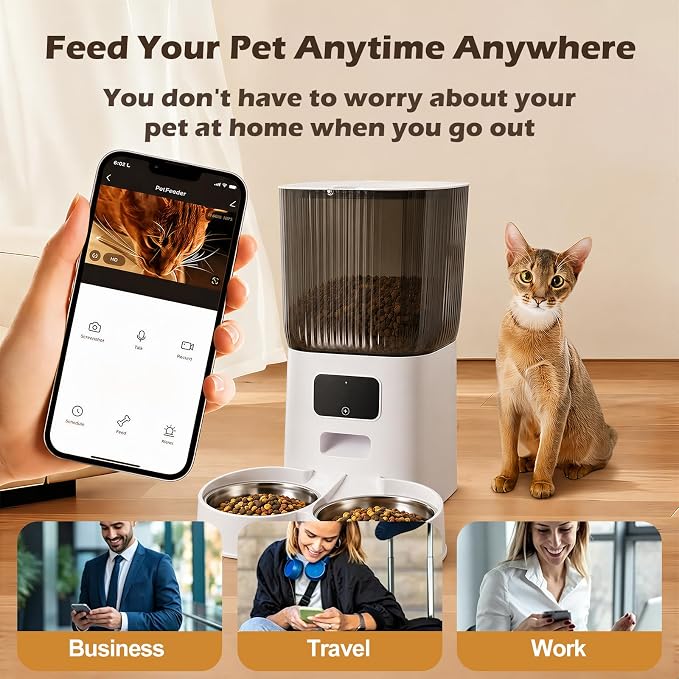 Automatic Cat Feeder with Camera, OIUMHRU 5G WiFi 7L Timed APP Control | 2K Pan/Tilt Camera, Automatic Dog and Cat Food Dispenser, Two-Way Audio, Night Vision, Motion Detection, Dual Bowls