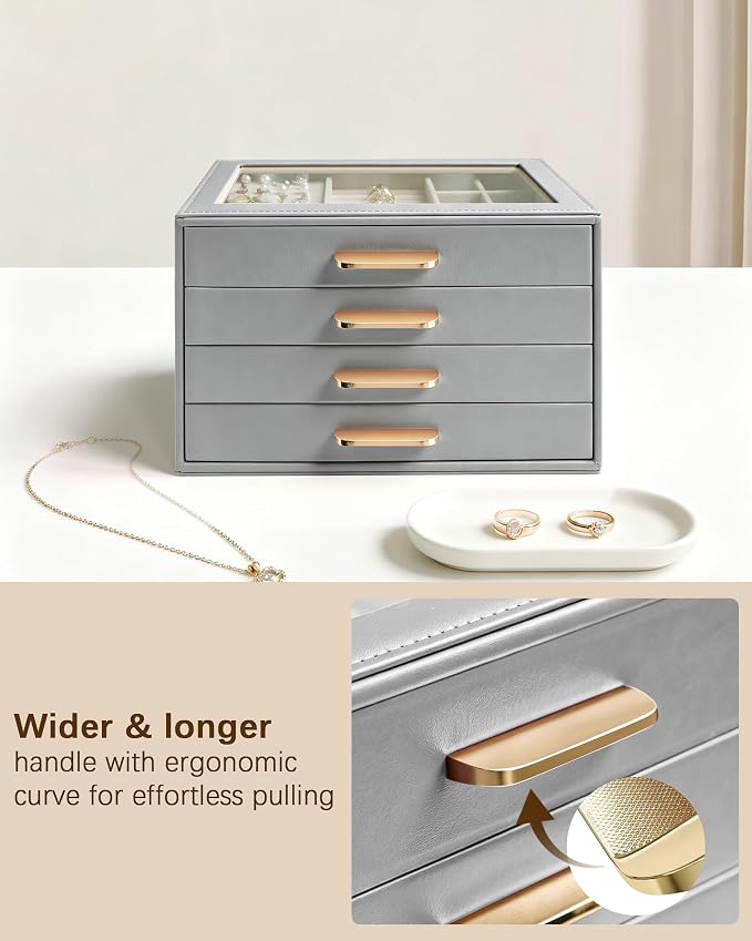 Homeanda Jewelry Boxes Organizer with Glass Lid, 4-Layer PU Leather, Grey | Modern style display case with 4 drawers for daily jewelry, women, mom or girl gift
