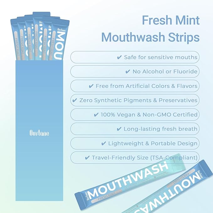 Oustane Travel Size Fresh Mint Mouthwash, Alcohol-Free, 15ml Portable Packets, Long-Lasting Freshness (30)