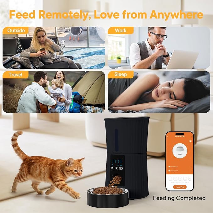 NEWBULIG 4L Automatic Cat Feeder with APP, 2.4G WiFi Pet Feeders - Black | Applicable for Dry Food, 19.5 Cups, Programmable Schedule, 10 Meals/Day, 50 Portions/Meal, 10s Voice Recorder, Dual Power