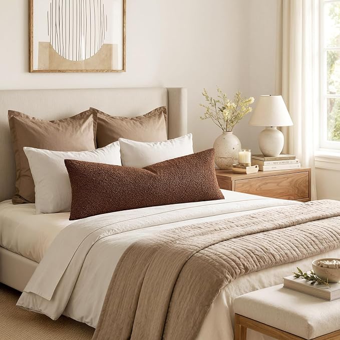 MIULEE Textured Boucle Lumbar Pillow Cover for Bed 14x36 Chestnut Brown | Pack of 1 Textured Neutral Fall Couch Throw Pillow Cover, Accent Solid Long Body Pillowcase, Sofa Living Room Home Decor
