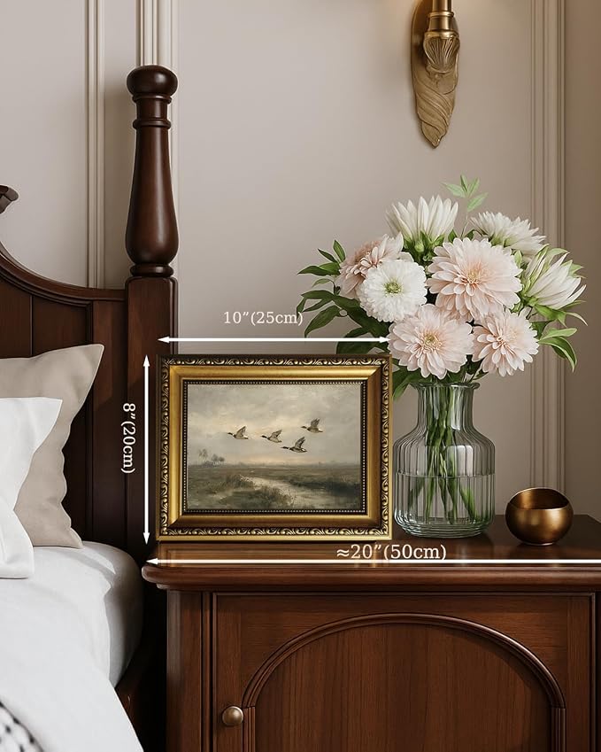 Vintage Hunting Gold Framed Wall Art Flying Mallard Duck Wall Decor Art | Rustic Landscape Painting Canvas Art Farmhouse Cottagecore Small Framed Prints Artwork Bedside Tables Foyer Bookshelf Entry