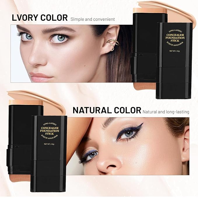 Foundation Stick,2 in 1 Dual-Ended Long-Lasting & Waterproof Concealer Korean Foundation Contour Sticks,Contouring Foundation with Brush,Full Coverage Matte Finish for Face Makeup(02NATURAL)