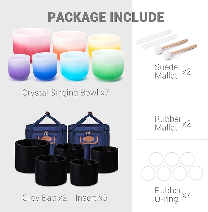 432Hz 6-12 Inch Set of 7 Quartz Crystal Singing Bowls with Gradient Colored Design, 2 Travel Carry Case Bags and Resonance Striker for Meditation and Sound Therapy