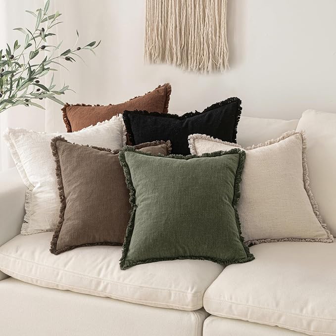 MIULEE Linen Fringe Decorative Fall Throw Pillow Covers Cocoa Brown 18x18 | Set of 2, Cottagecore Decor, Boho Farmhouse Neutral Pillow Covers, Rustic Fall Couch Cushion Cases for Sofa Bed Living Room
