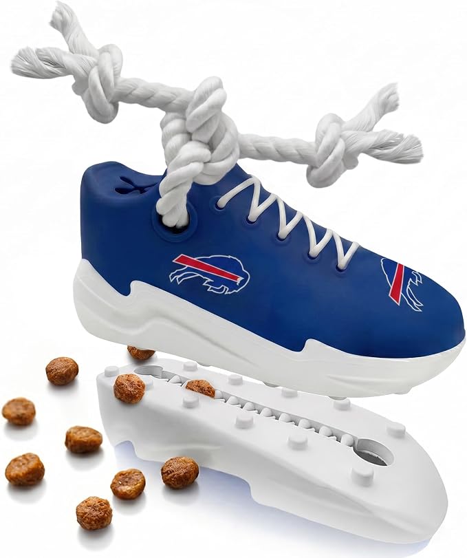 Pets First NFL Buffalo Bills Cleat Sneaker Spike Dog Toy, Football Treat Dispenser Chew Toy for Dogs, Interactive Rope Tug Toy, Slow Feeder Natural Rubber Dog Toy with Official Team Logo