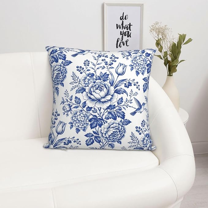 Blue White Chinoiserie Floral Throw Pillow Covers 18x18 Set of 2 Farmhouse Decorative Cushion Cases Home Decor