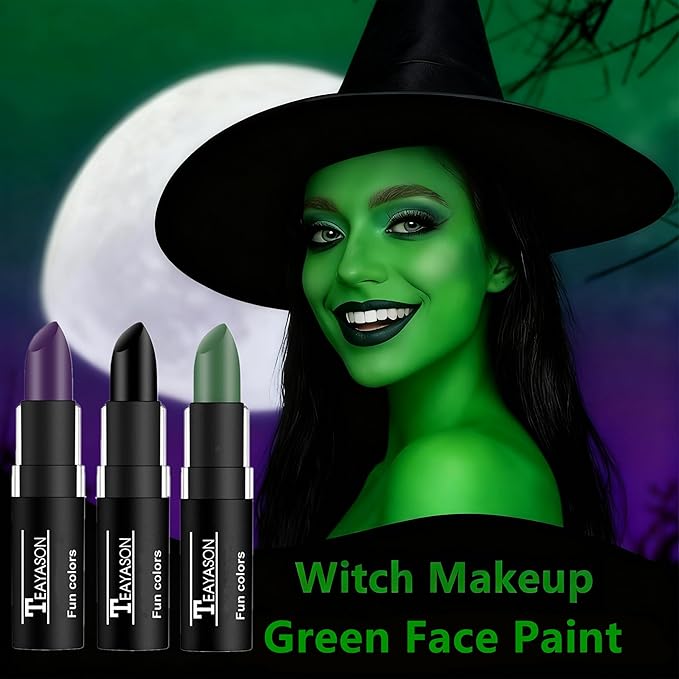 Go Ho 3 PCS Dark Purple Green Black Cream-Blendable Sticks,Waterproof Green and Purple Face Body Paint Professional SFX Makeup,Safe Facepaint &Lip Smacking for Festival Halloween Witch Makeup