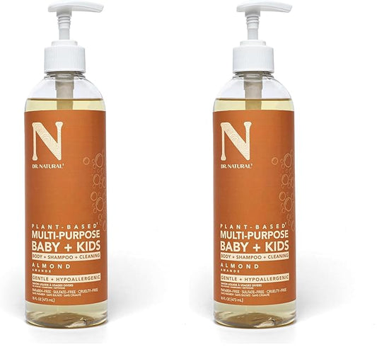 Dr. Natural Multi-Purpose Baby Plus Kids Soap - Body Wash and Shampoo - Gentle Soap with Shea Butter - Newborn Safe - Almond - 16 oz (Pack of 2)