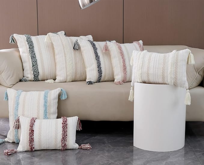 Boho Pink Pillow Covers 20x20 Inch Tufted Tassel Square Throw | Pink tufted square cushion case with tassels, boho decor for living room