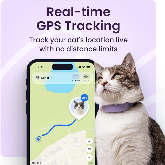 Tractive Smart Cat GPS Tracker Collar | Real-Time Location & Wellness Monitoring for Cats | Territory & Location History | Health Alerts & Vitals Monitoring | Breakaway Collar (Brown) (Lavender)