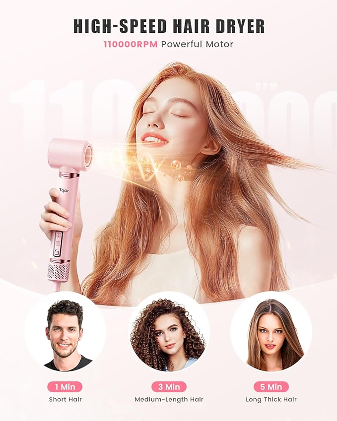 8-in-1 Professional Hot Air Styler&Hair Dryer Brush, Powerful Multi-Styler with Auto-Wrap Curler with Storage Case, Fast Drying Curling Straightening Volumizing Without Heat Damage(Pink)