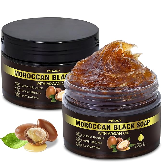 2Pack Moroccan Black Soap with Argan Oil, Morocco Black Beldi Soap Hammam Ritual Body Scrub, Dead Skin Removal, SPA at Home, Purifying Moroccan Body Wash with Exfoliating Glove