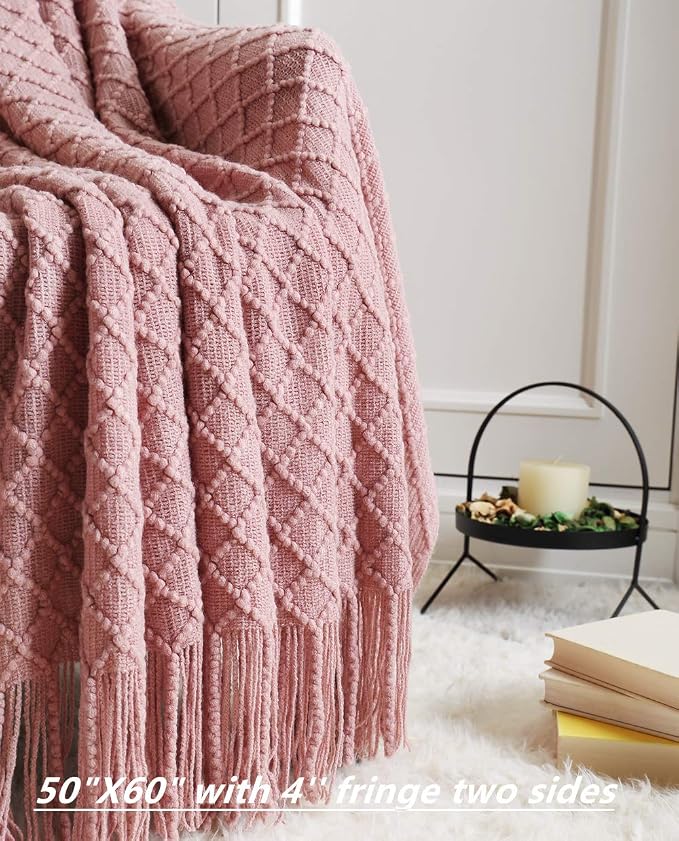 CREVENT Light Blush Pink Knit Throw Blanket for Couch Sofa Chair - Soft and Decorative for Spring Summer (50''X60'' Dusty Pink/Pale Pink)