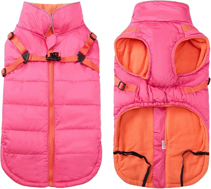 Geyecete Winter Warm Coat Waterproof Dog Winter Jacket with Harness Traction Belt,Windproof Pet Outdoor Jacket-Pink-XL