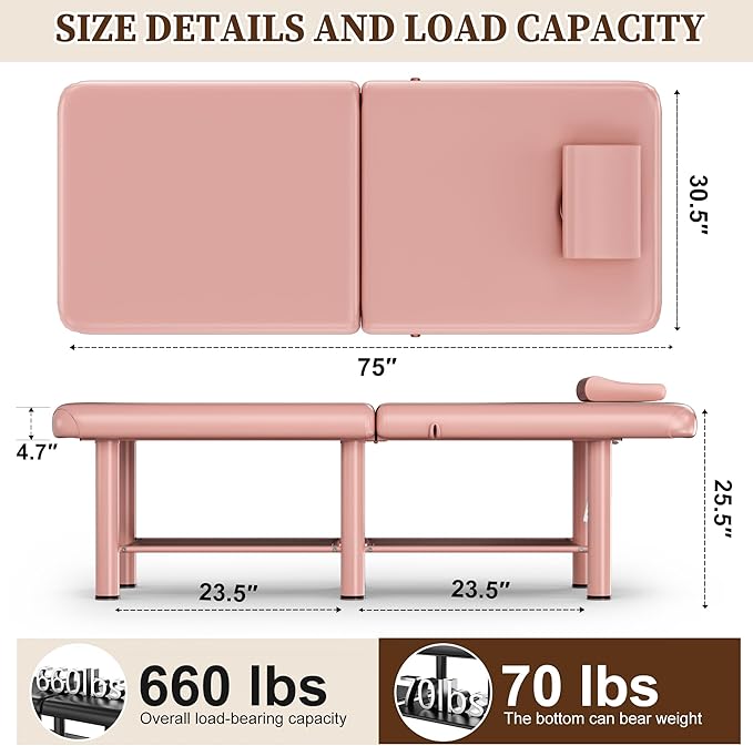 Olela Wide Foldable Massage Table - Professional Massage Table with Adjuatable Backrest & Large Storage Space, Treatment Tables with Metal Frame and Pu Leather for Spa, Beauty, Rehabilitation