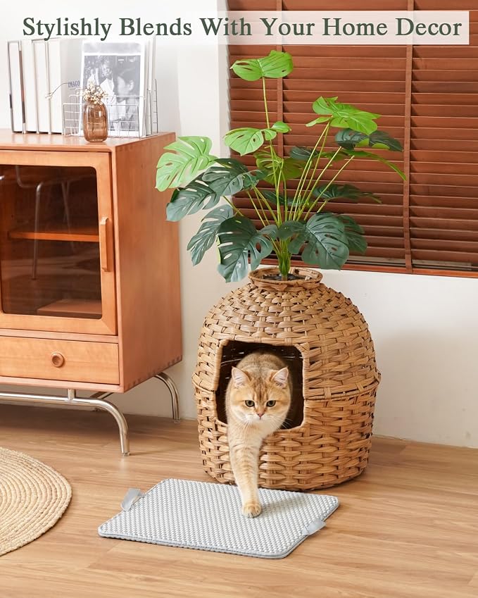 SETVSON Cat Litter Box Enclosure Plant, PE Rattan Kitty House, Natural | Decorative Planter Design, Waterproof Inner PVC Liner, Includes Artificial Plants, Real Stones, Litter Mat, 20x20 Inches