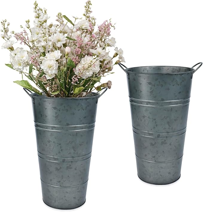 12 Inch Galvanized Metal Vase, 2 Pack Tall Flower Buckets with Handles | Galvanized metal flower buckets with handles, rustic tall vase design for dried flowers, weddings, farmhouse and home decor.