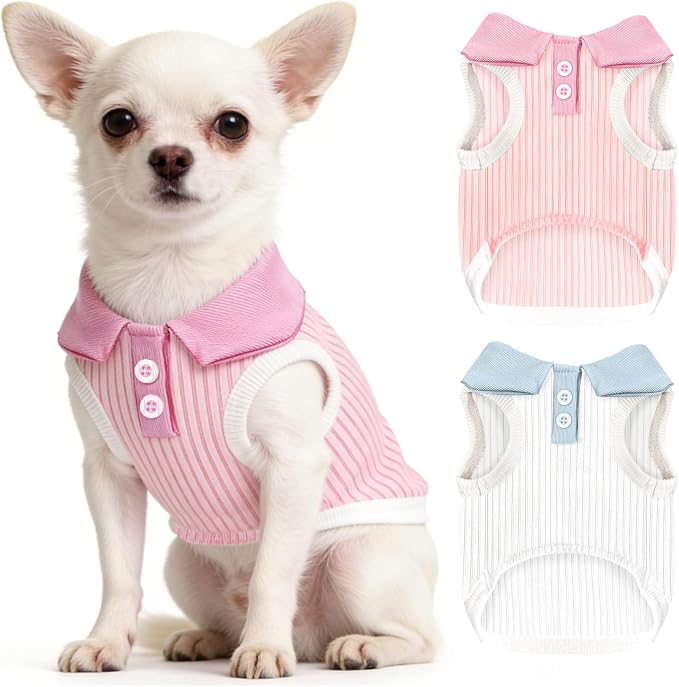 2 Pack Dog Tshirts for Small Dogs Polo Shirt Stretchy Dog T Shirt Breathable Dogs Cooling Vest Girl Boy Puppy Dachshund French Bulldog Frenchie Chihuahua Clothes (Pink & White)