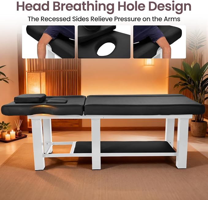 Professional Stationary Massage Table with Backrest,Adjustable Thick Foam Spa Massage Beds,Metal Frame PU Leather 27.55'' Wide 72.83'' Long Heavy Duty Bed for Massages,Hairdressing,Spas(Black White)