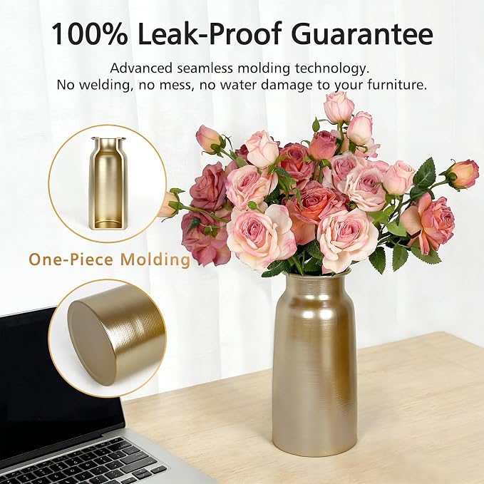 Set of 2 Champagne Gold Seamless Metal Flowers Vase Decor, 10.8" Tall Modern Matte Gold Floral Vase Pair, Shatterproof Leakproof, Elegant Home Decor Centerpiece for Table, Mantle, Shelf