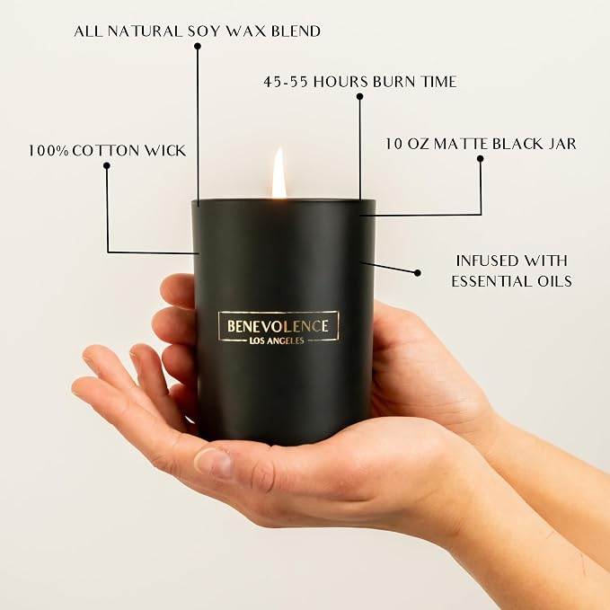 Benevolence LA Premium Charcoal Scented Candle – Long-Lasting, 45-Hour Burn – Luxury Black Wax Soy Candle for Home – Aromatherapy & Room Decor – 10oz