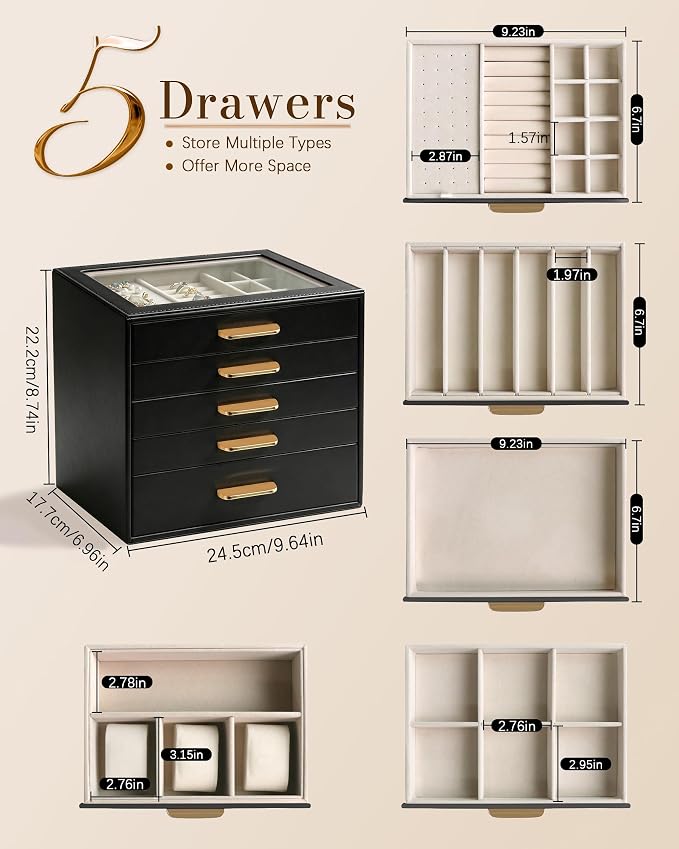 Homeanda Jewelry Boxes Organizer with Glass Lid, 5-Layer PU Leather, Black | Modern style display case with 5 drawers for daily jewelry, women, mom or girl gift