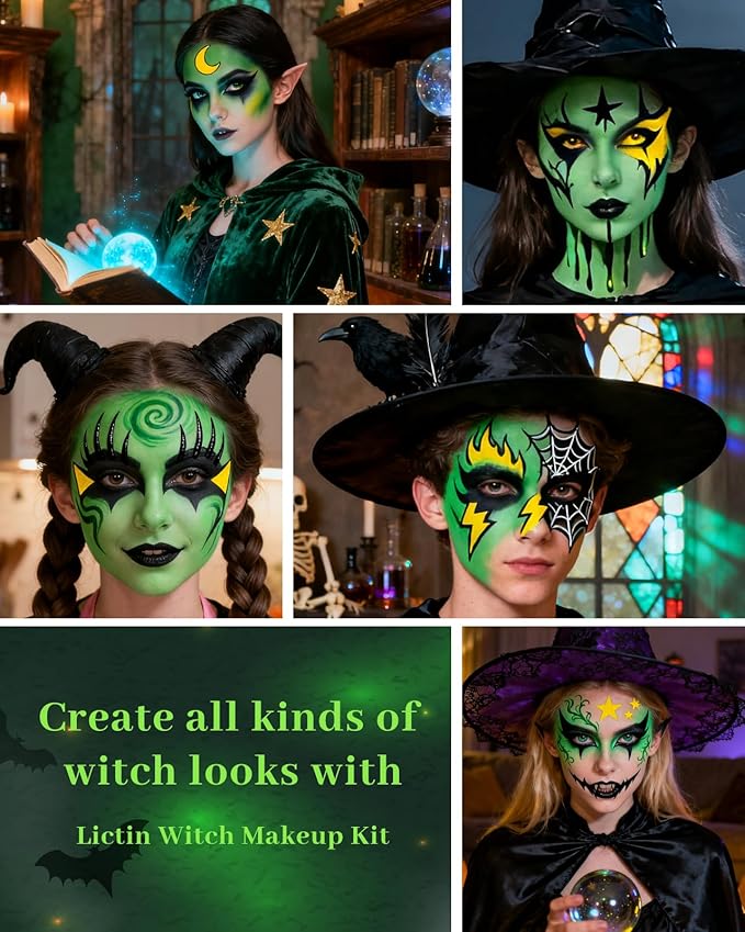 Halloween Green Witch Makeup Kit - Lictin Complete Witch Green Face Paint with Purple Glitter, Professional Witch SFX Make Up Kit for Halloween, Costume, Cosplay, Carnivals for Adults & Kids