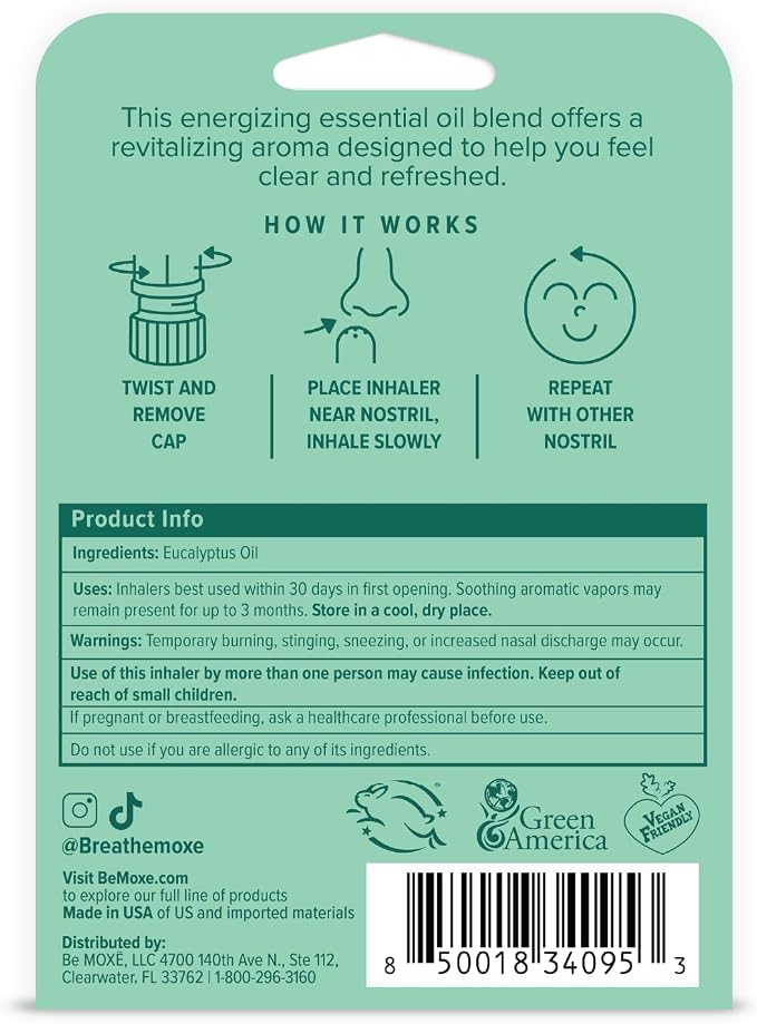 MOXĒ Eucalyptus Essential Oil Nasal Inhaler, Sinus & Congestion Relief, Daily Relaxation, Stress Relief, Therapeutic No-Mess Aromatherapy, Pure and Natural, Made in USA (3 Pack) packaging may vary