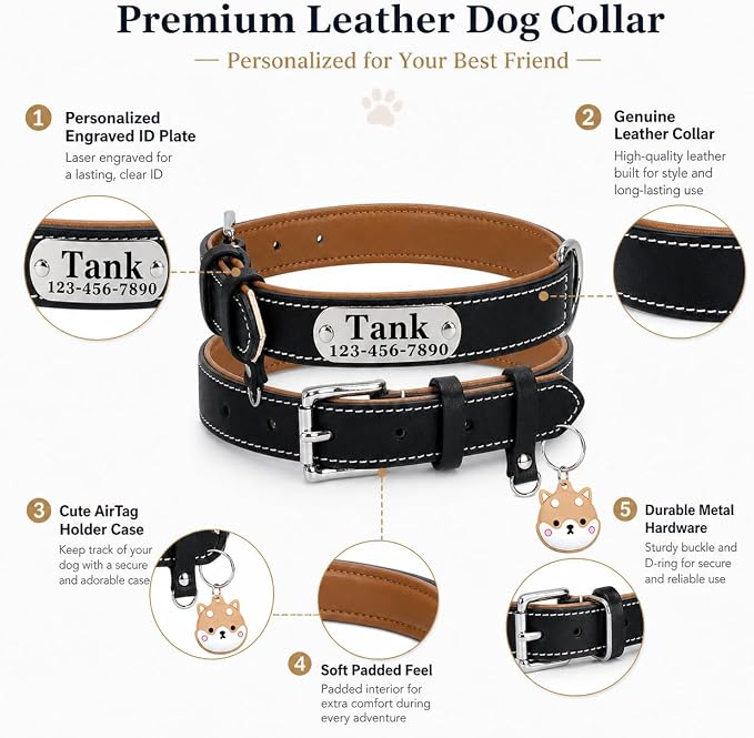 Personalized Genuine Leather Dog Collar with Name Phone Number-Black-S