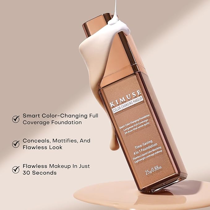 KIMUSE Color Changing Foundation, 4 In 1 Smart Shade Skin Tone Foundation Makeup, Waterproof & Long Wear with Glycerin & Sodium Hyaluronate Tinted Moisturizer Face Makeup For All Skin Tones
