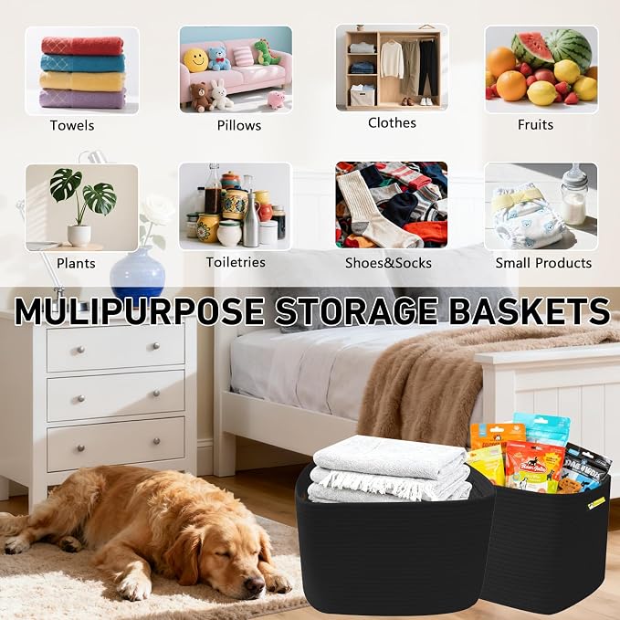 3 Pack Woven Baskets,Storage Baskets for Shelves with Handles | 13.5"×11"×9.5",Closet Baskets,Gift Basket,Nursery Organizer for Toys Towels Books,Storage Bin for Living Room Bedroom-Black