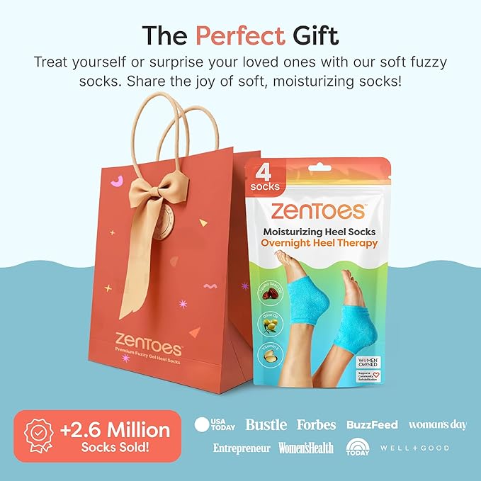ZenToes Moisturizing Socks for Cracked Heel Treatment, Vitamin E, Olive Oil and Jojoba Oil Heel Socks, Stocking Stuffers for Women, Spa Self Care Gifts for Women (Fuzzy Blue, Regular)
