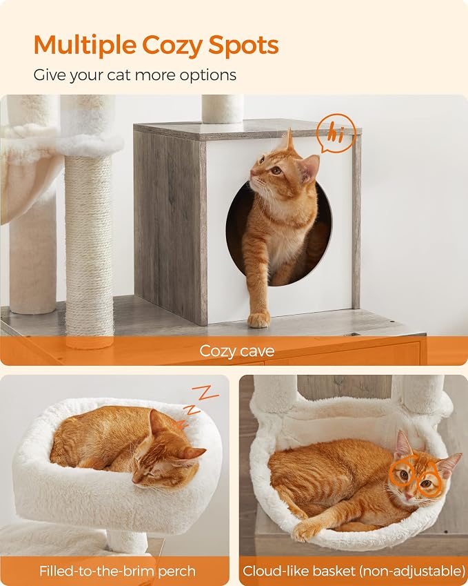 Feandrea Cat Tree with Litter Box Enclosure, 59-Inch Modern Cat Tower | 2-In-1 Condo with Scratching Posts, Washable Removable Cushion, Greige UPCT113G01