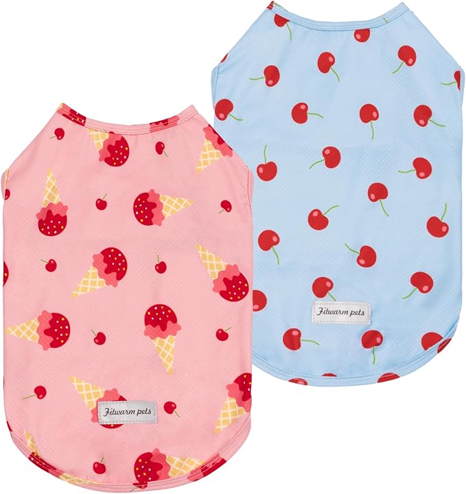 Fitwarm 2 Pack Ice Cream & Cherry UPF 50+ UV Sun Protection Dog Shirt, Lightweight Cooling Vest, Quick Dry Summer Clothes for Small Dogs Girl, Pet Outfit, Pink, Light Sky Blue, Medium