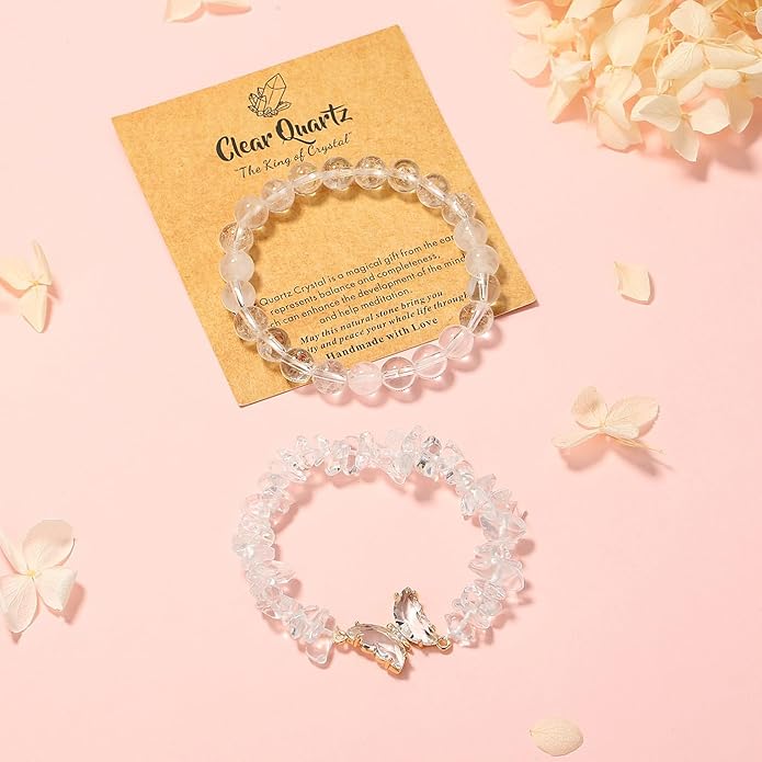 DUQGUHO 2Pcs Butterfly Bracelets for Women Healing Crystals Bracelets for Women Natural Gemstone Bead Bracelet Cute Butterfly Charm Bracelet Stretch 8mm Crystal Jewelry Gifts for Women