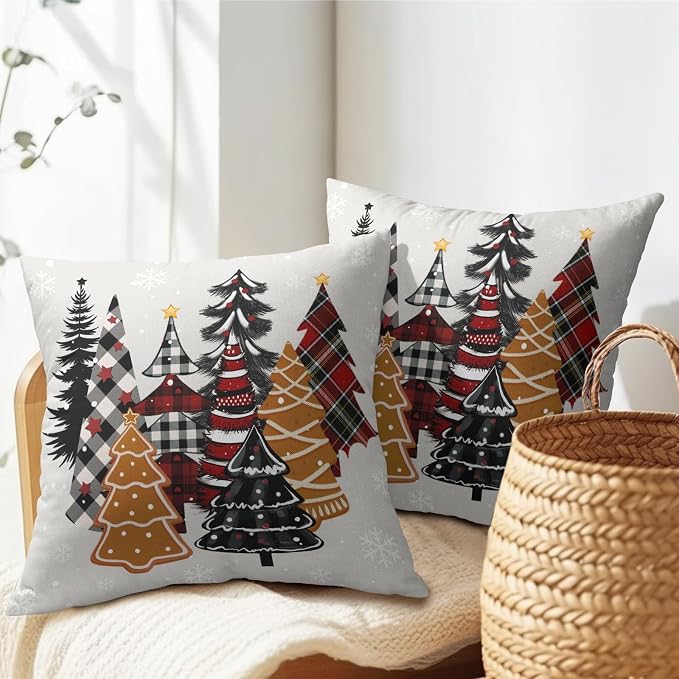 Kawani Christmas Trees Throw Pillow Covers Set of 2, Plaid Xmas Pine Tree Winter Holiday Pillowcase Cushion Case for Home Living Room Bedroom Sofa Couch Cotton Linen Square 22 x 22 Inches