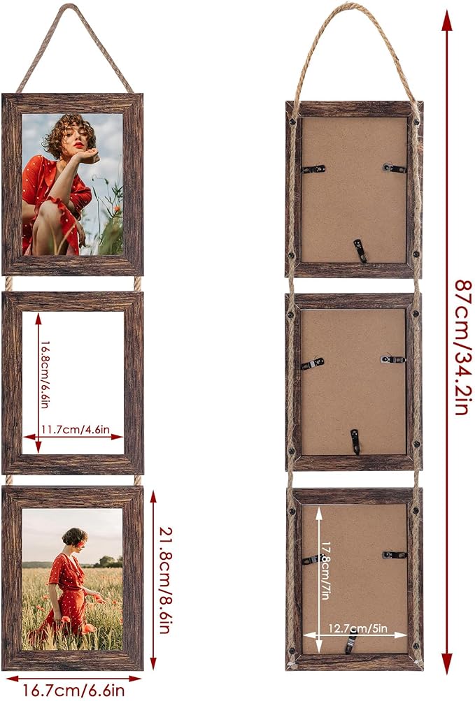 QUTREY Collage Picture Frames 5x7, 3 Openings Hanging Photo Frame Set for Vertical 5 by 7 inch Pictures for Wall, Distressed Brown, 2 Pack