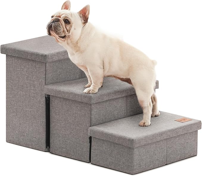 Love's cabin Dog Stairs for High Bed, Foldable Pet Stairs for Small Medium or Large Dogs Puppy with Storage for Bed or Couch, Cat Dog Steps Ramp with Zip up to 200 lbs, Solid Grey, 3 Steps