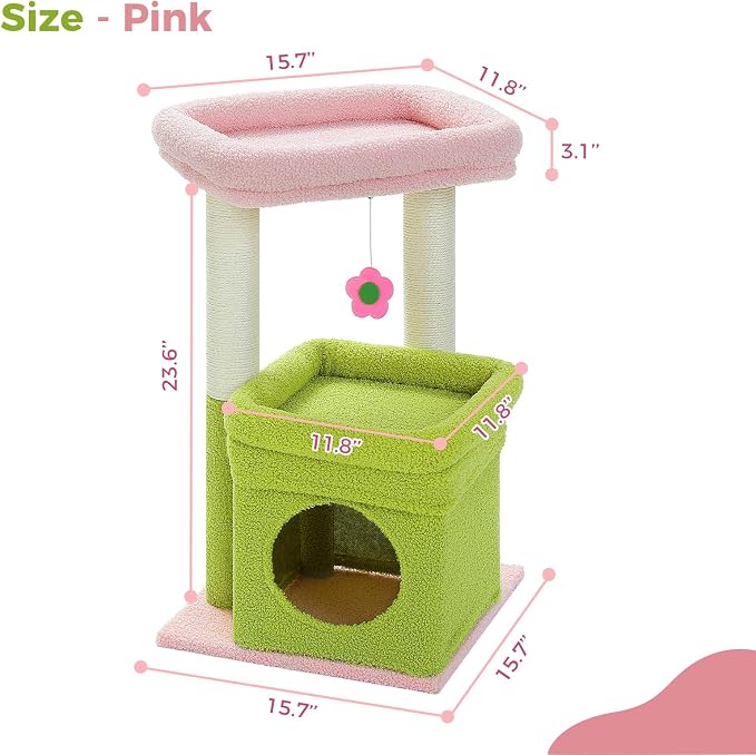 PEQULTI Indoor Cat Tree Tower Small Cats, Sisal Post & Cozy Condo, Pink | Private soft cat condo, soft top perch, natural sisal scratch posts, plush pom-pom toy for indoor kitties