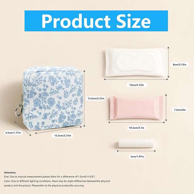 Period Bag for Girls, Corduroy Period Kit with Sanitary Pad Pouch, Menstrual Storage Bag and Tampon Holder for Purse, Girls School Essentials,Feminine Care Organizer(Blue Flower)