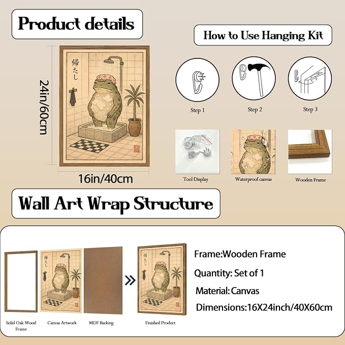 Funny Japanese Frog Bathroom Wall Art Whimsical Frog Shower Wall Decor 16x24 inch Wood Framed, Eclectic Japan Animal Bathroom Poster Painting Canvas Prints Aesthetics