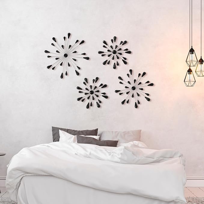 Hicarer 4 Pcs Starburst Wall Decor Bling Wall Art Crystal Teardrop 3D Hanging Rhinestone Radial Metal Artwork Modern Accent Sculptures Decorations for Living Room Home Office Bedroom(Black Diamond)